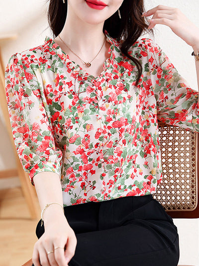 Mia Vacation V-Neck Ruffled Floral Chiffon Top-Red