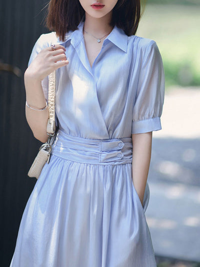 Anna Retro Puff Sleeve Lapel Dress-Blue