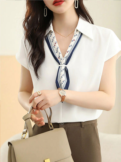 Khloe Casual Paneled Chiffon Shirt-White