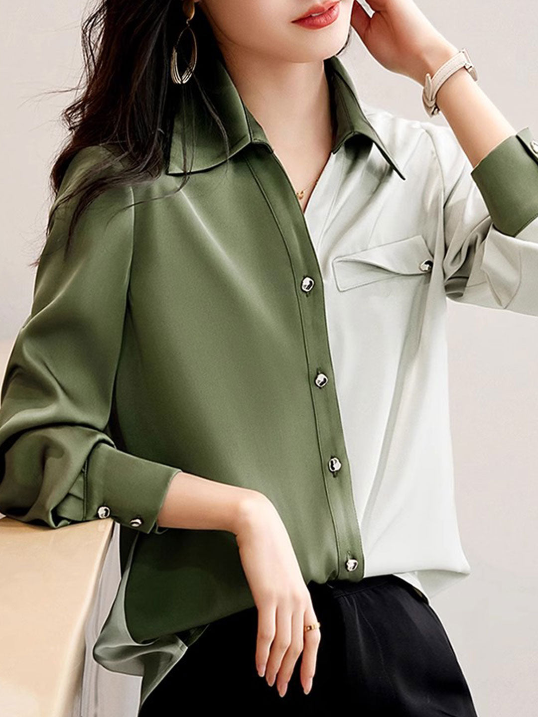 Lauren Classic Contrasted Color Paneled Chiffon Shirt