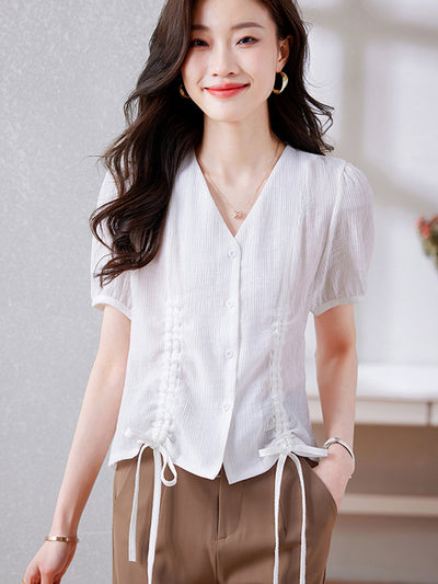 Gianna Casual V-Neck Chiffon Tie Top