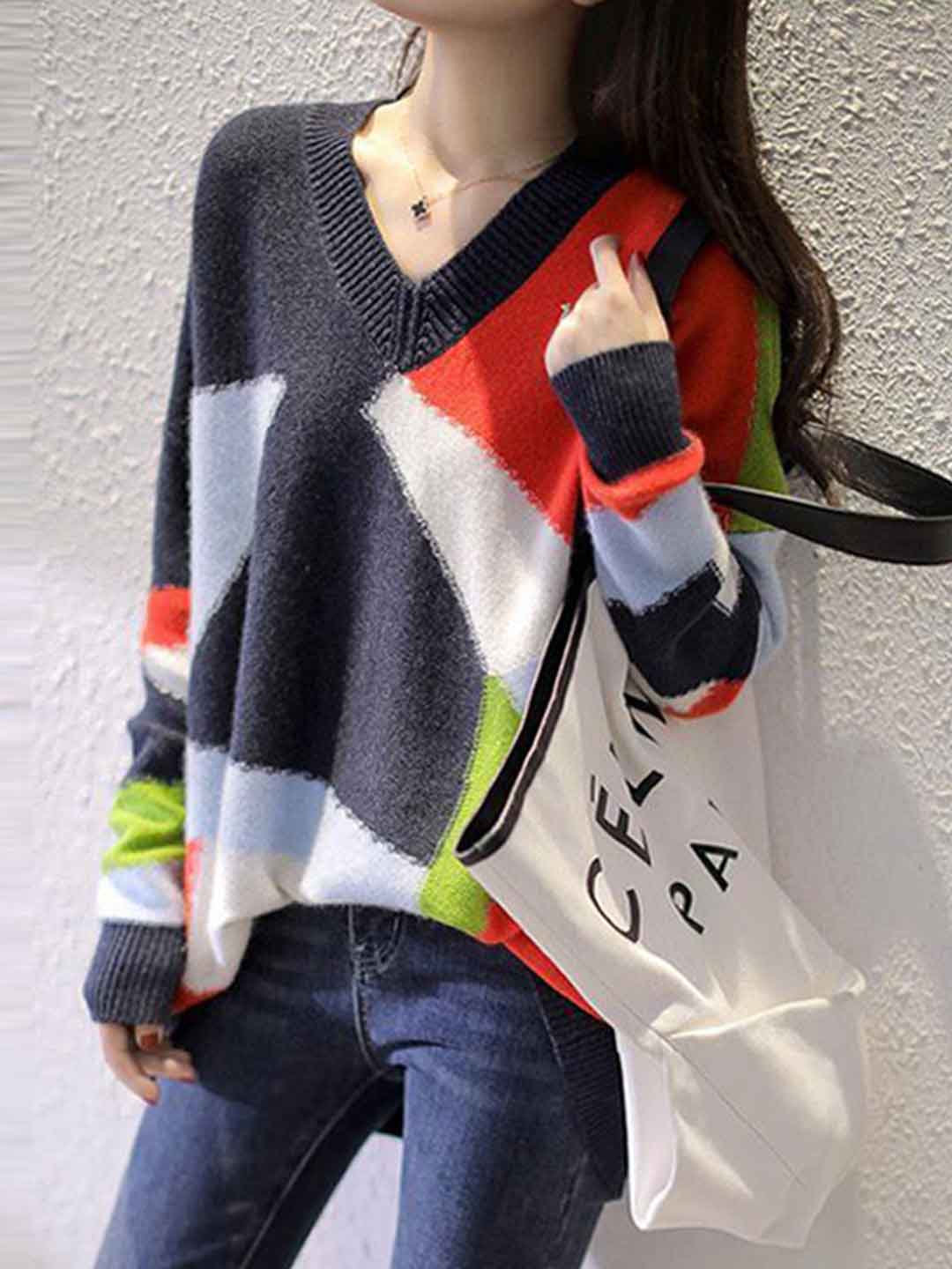 Zoe Loose V-Neck Colorblock Knitted Pullover Sweater