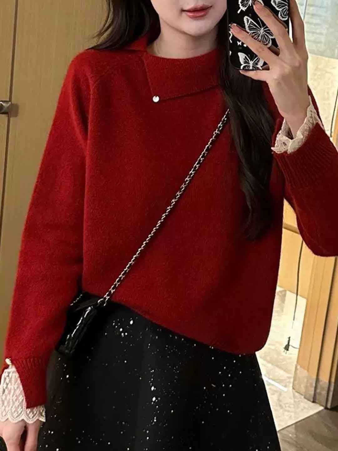Jocelyn Classic Lapel Solid Color Knitted Lace Sweater