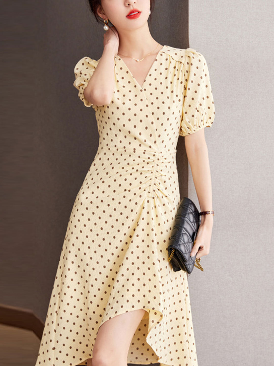 Chloe V-Neck Polka Dot Printed Irregular Dress-Yellow