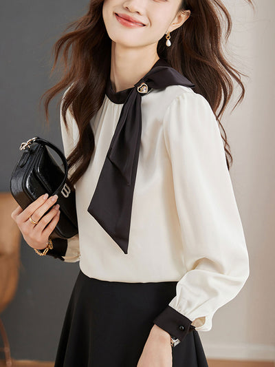 Sophia Classic Bow Color-Block Satin Shirt