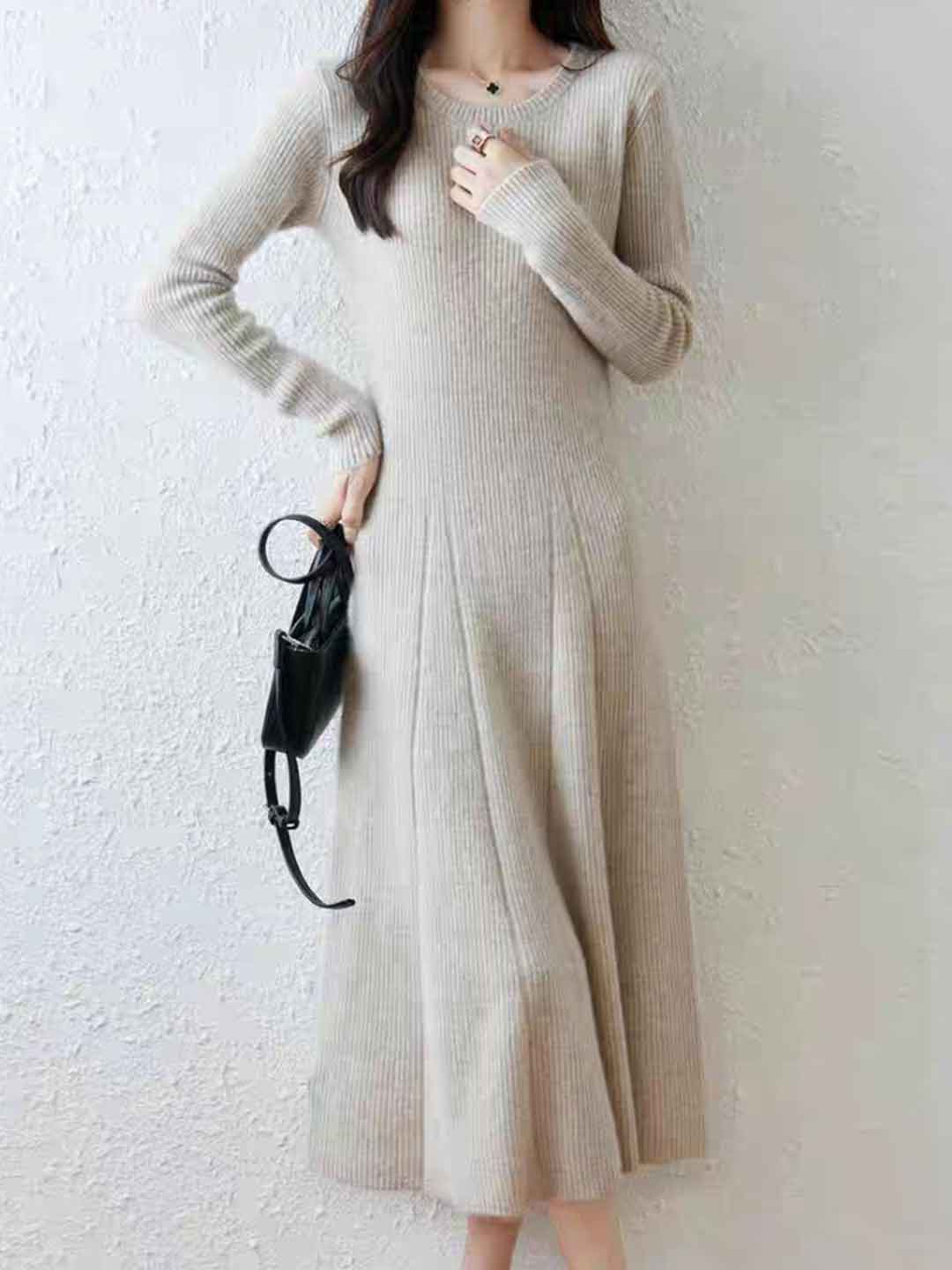 Lauren Classic Crew Neck Solid Color Knitted Sweater Dress