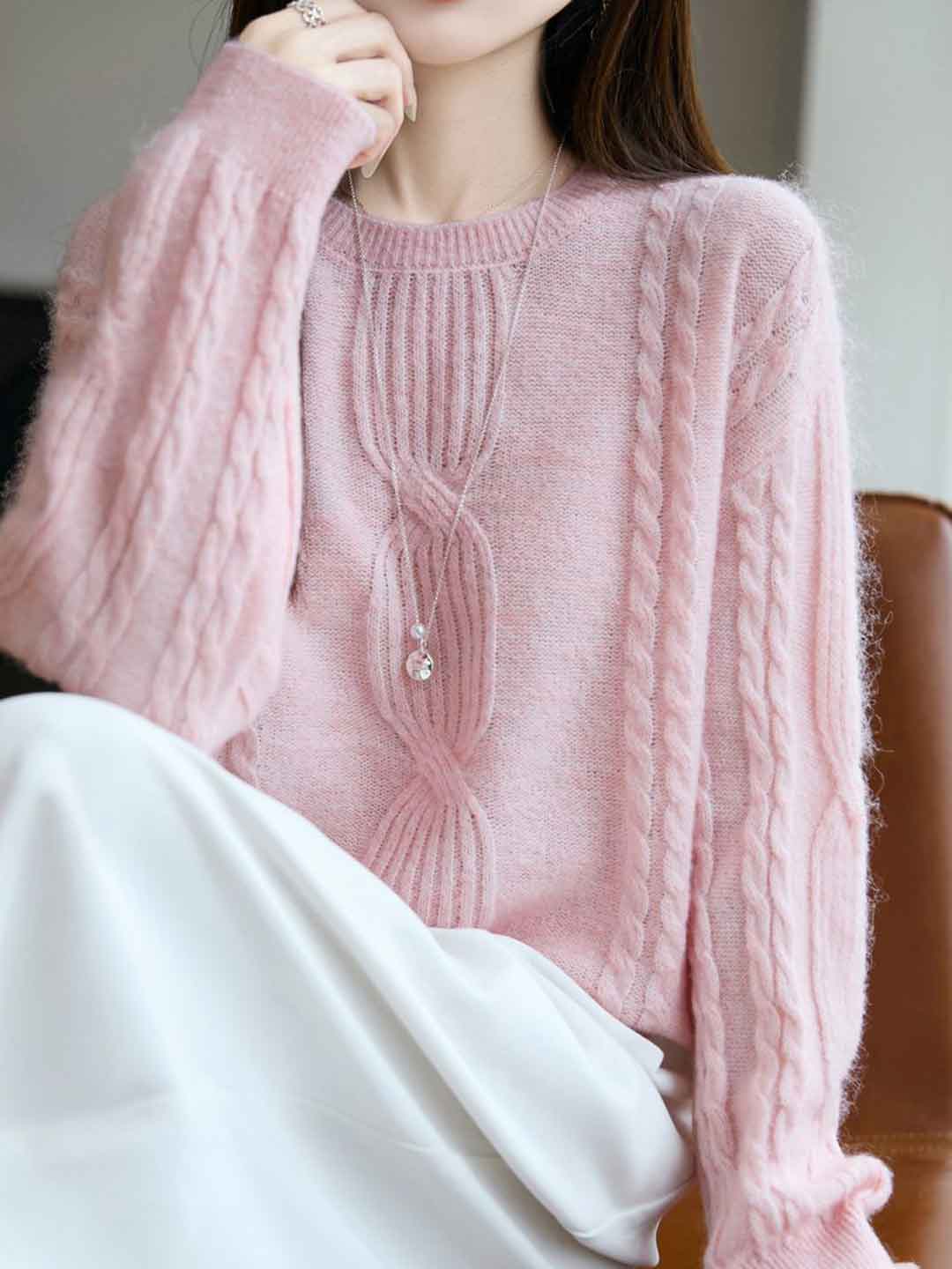 Ariana Casual Crew Neck Cable Knitted Pullover Sweater-Blue