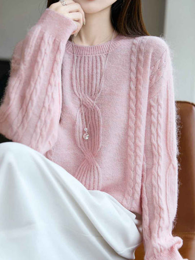 Ariana Casual Crew Neck Cable Knitted Pullover Sweater-Blue