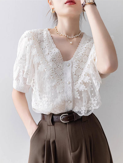 Kaylee Vintage V-Neck Solid Color Lace Blouse