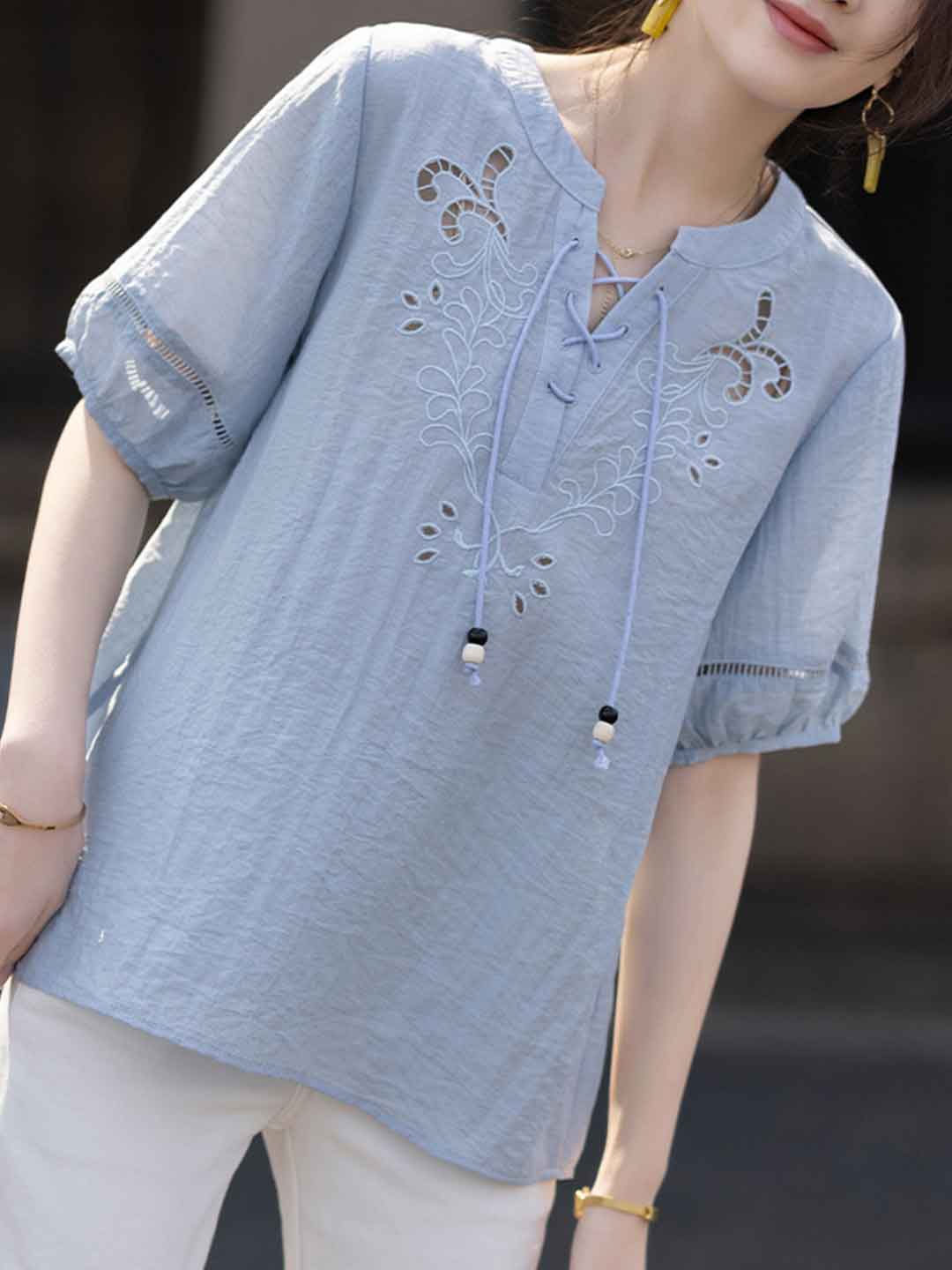 Bella Loose V-Neck Solid Color Hollowed Top