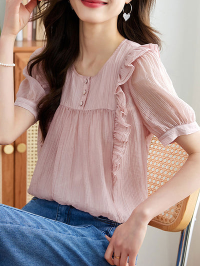 Abigail Retro Ruffle Ruched Chiffon Blouse