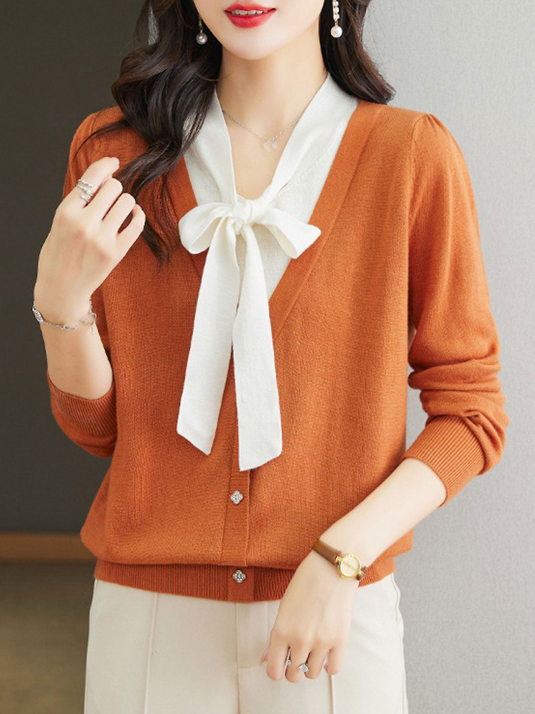Raya Casual V-Neck Bow Knitted Sweater