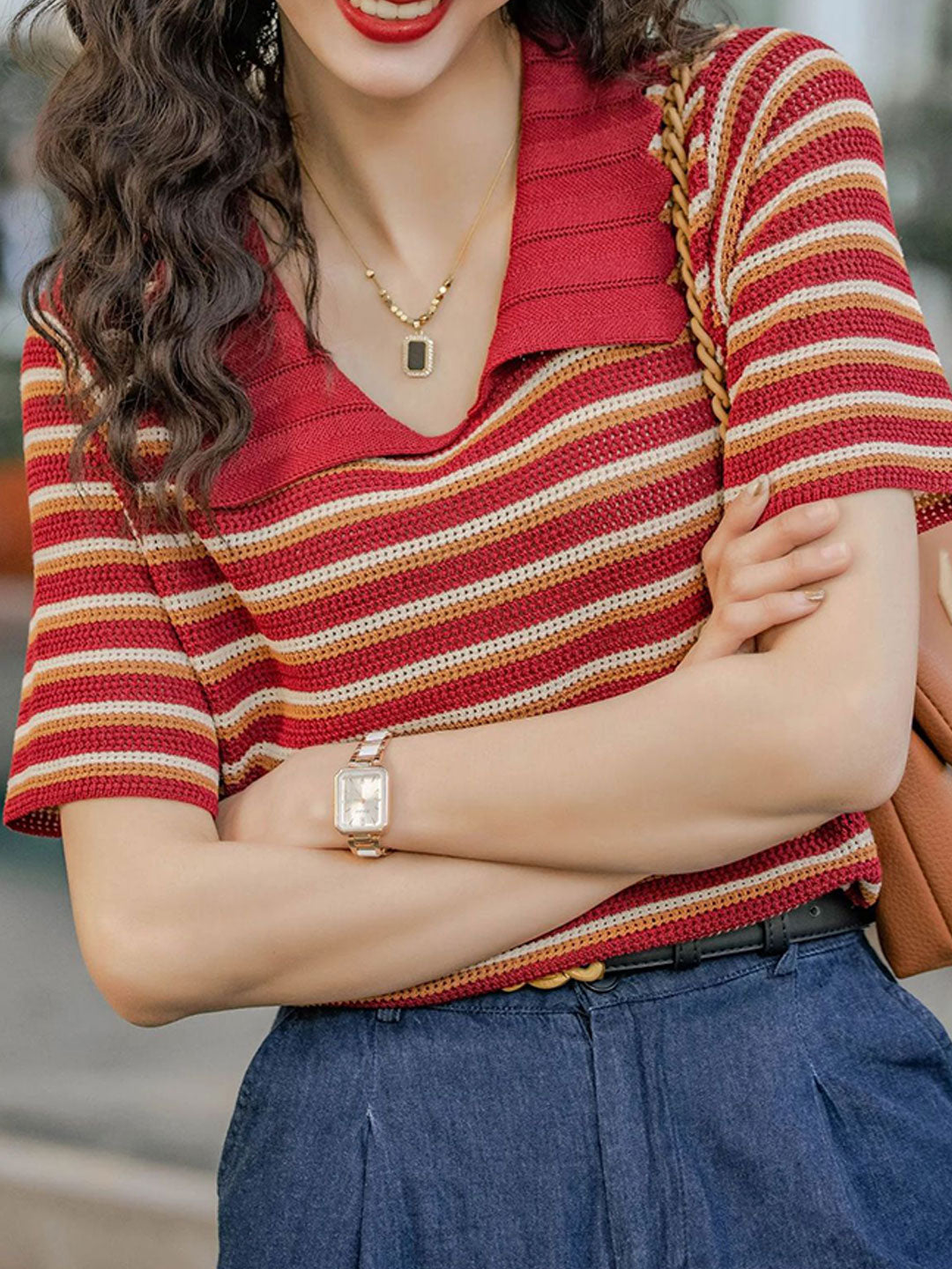 Khloe Retro Polo Striped Knitted Top