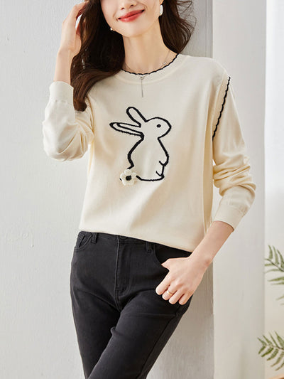 Kayla Casual Rabbit Printed Knitted Pullover Sweater