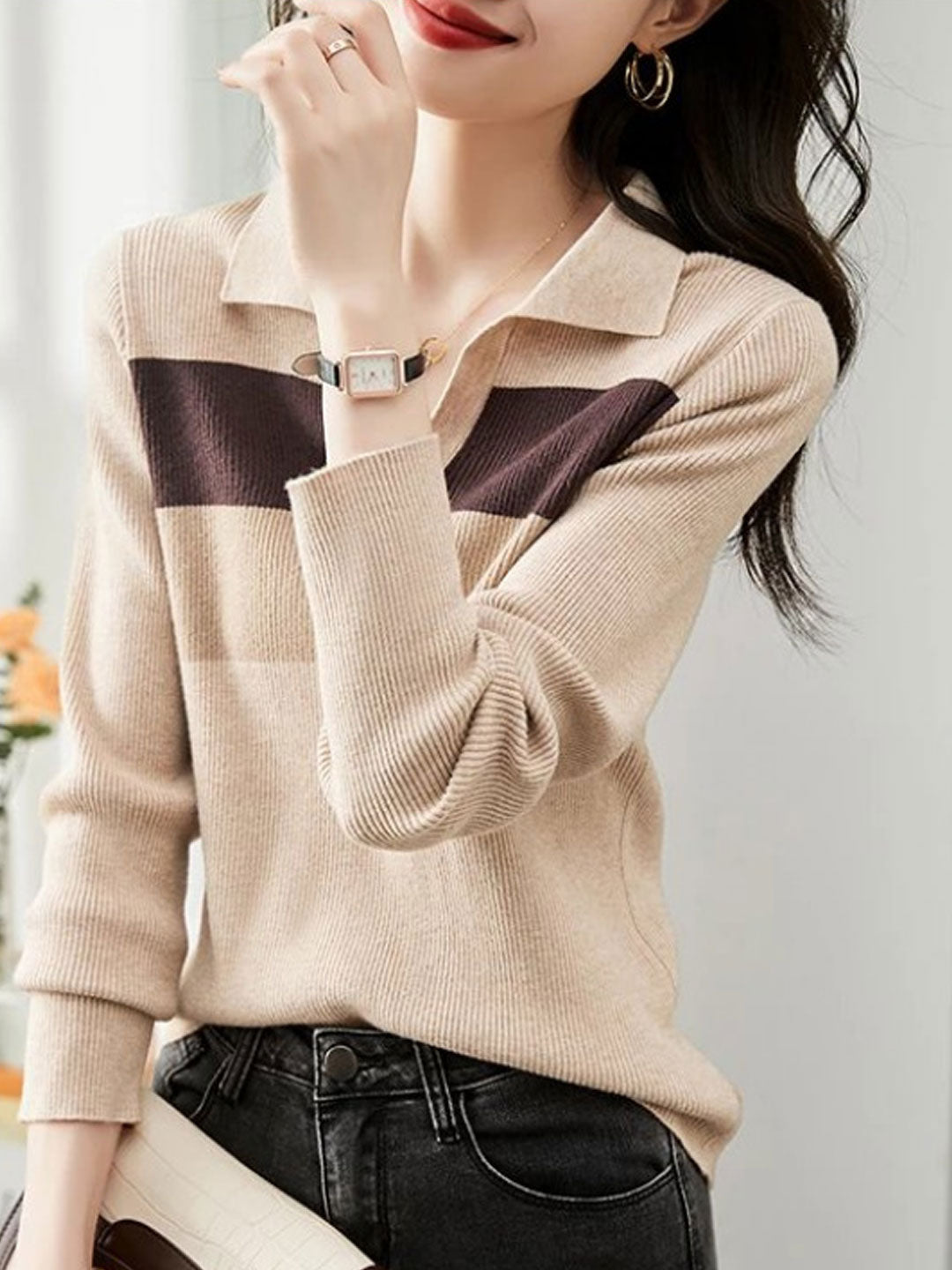 Sarah Classic Contrast Color Pullover Knitted Top