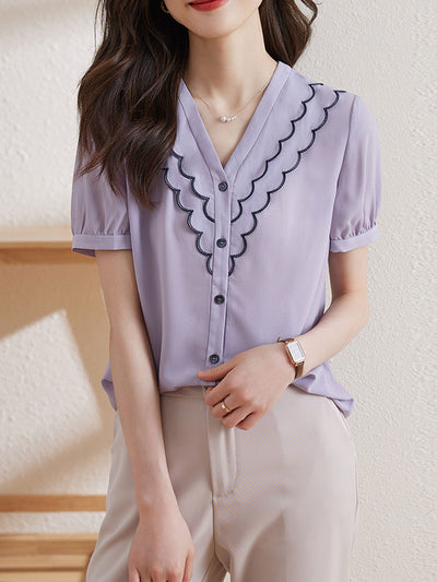 Natalie Classic V-neck Chiffon Top-Puprle