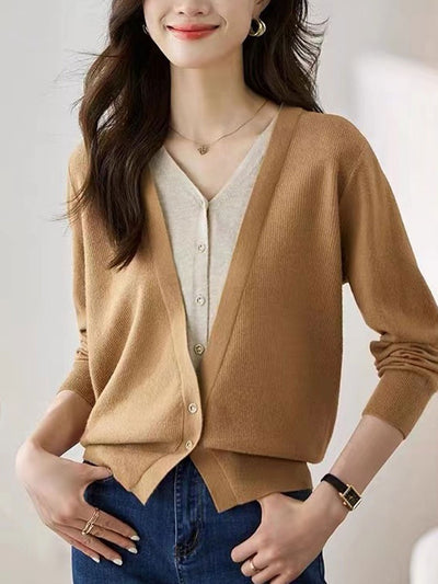 Ashley Casual V-Neck Colorblock Knitted Cardigan