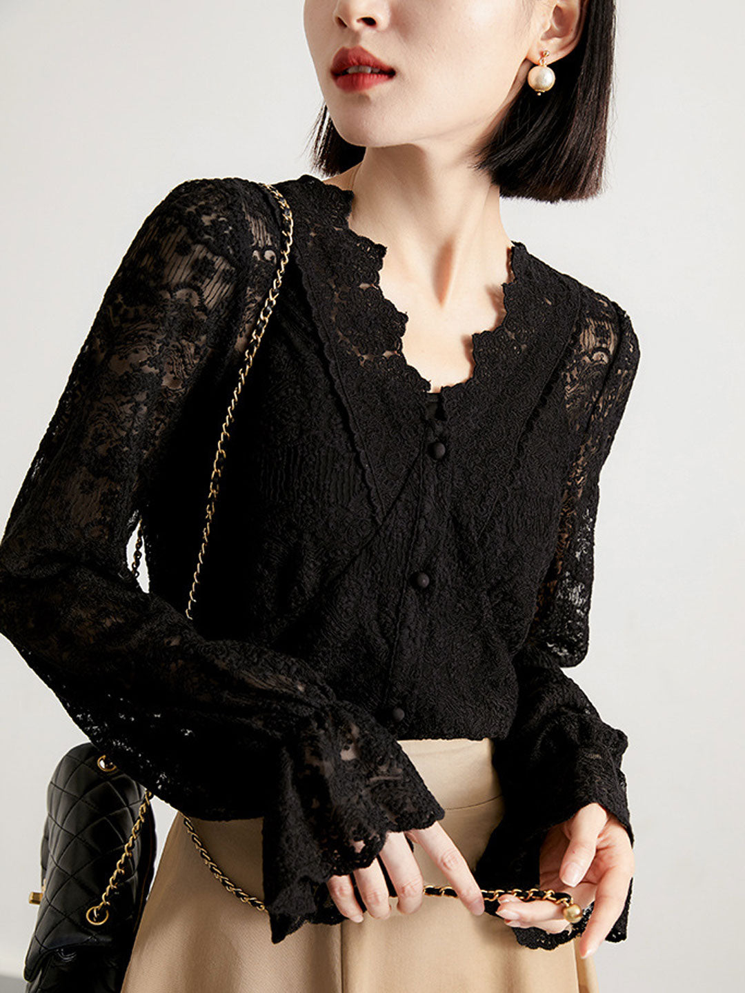 Khloe Elegant V-Neck Lantern Sleeve Lace Top