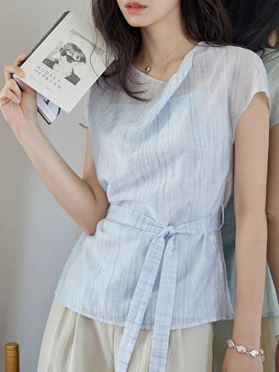 Audrey Retro Swing Collar Printed Tie Waist Top