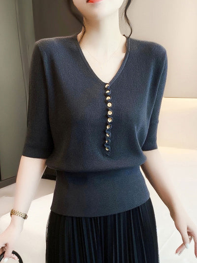 Kayla Loose V-Neck Button Knitted Top-Coffee