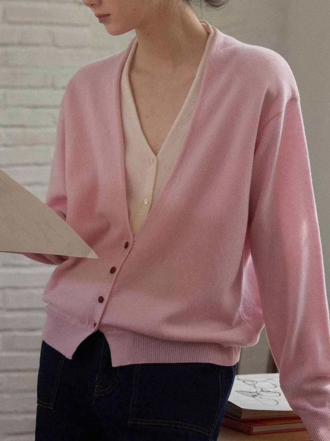 Andrea Classic V-Neck Faux Two-Piece Knitted Cardigan