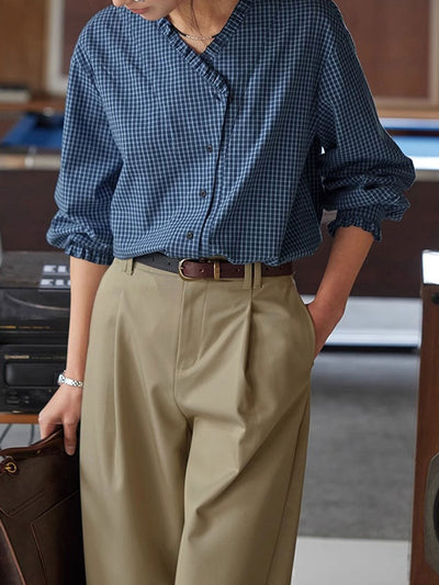 Madison Vintage V-Neck Ruffle Plaid Shirt