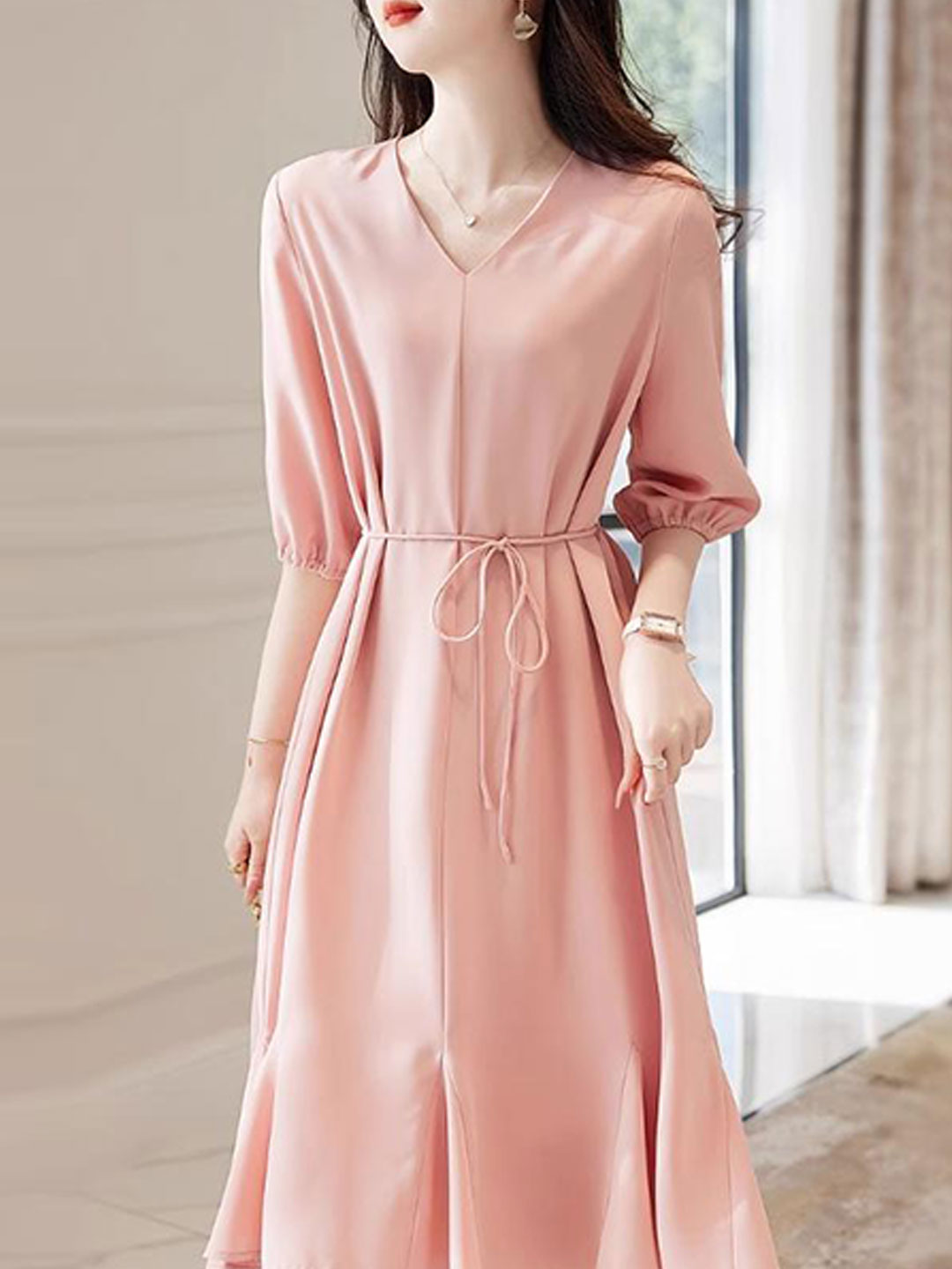 Emma Elegant V-Neck Solid Color Dress