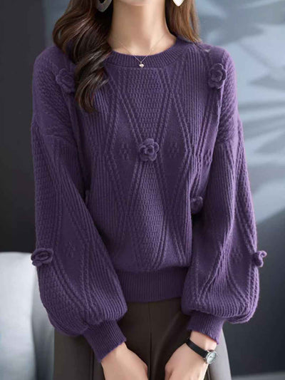 Brianna Loose Crew Neck Lantern Sleeve Floral Knitted Top