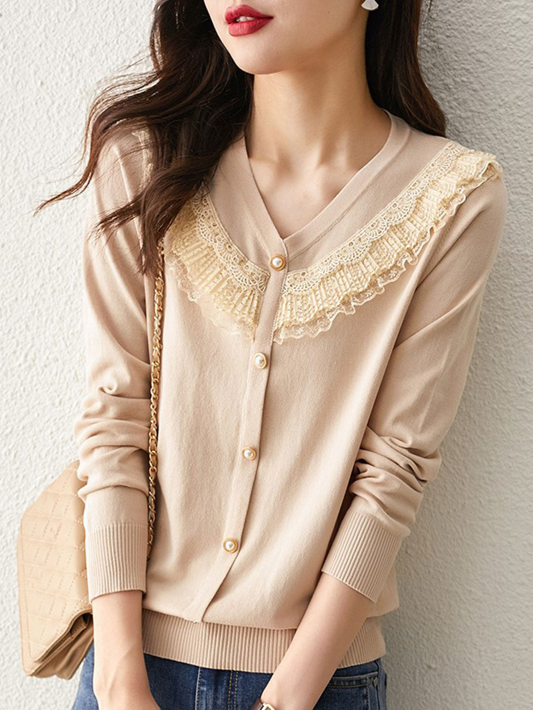 Jessica Retro V-neck Lace Knitted Sweater