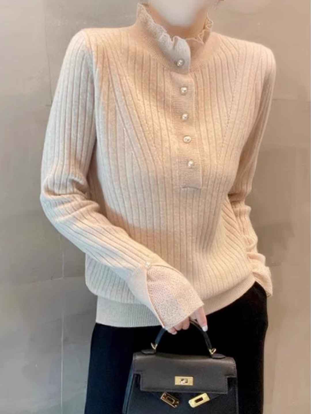 Maya Chic Auricular Lace Paneled Pearl Buttons Knitted Sweater