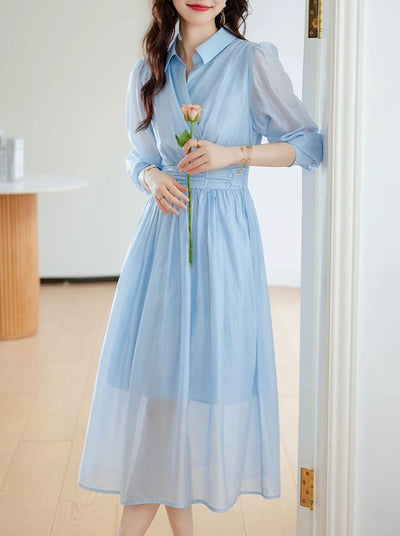 Kayla Retro Puff Sleeve Chiffon Dress-Blue