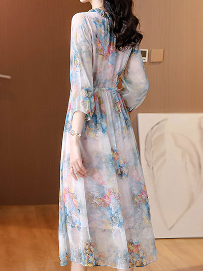 Natalie Elegant V-Neck Chiffon Printed Dress