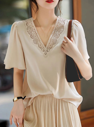 Taylor Elegant V-Neck Hollow Embroidered Chiffon Top