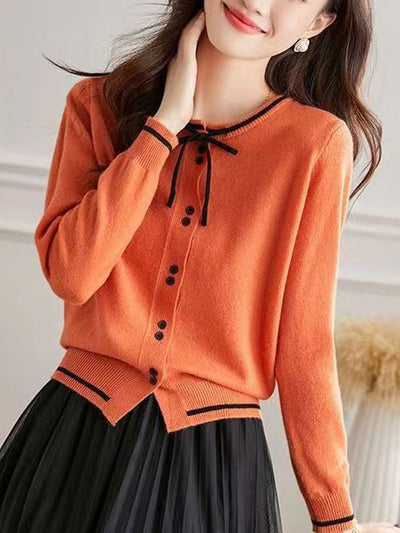 Anna Classic Bow Knitted Cardigan-Orange
