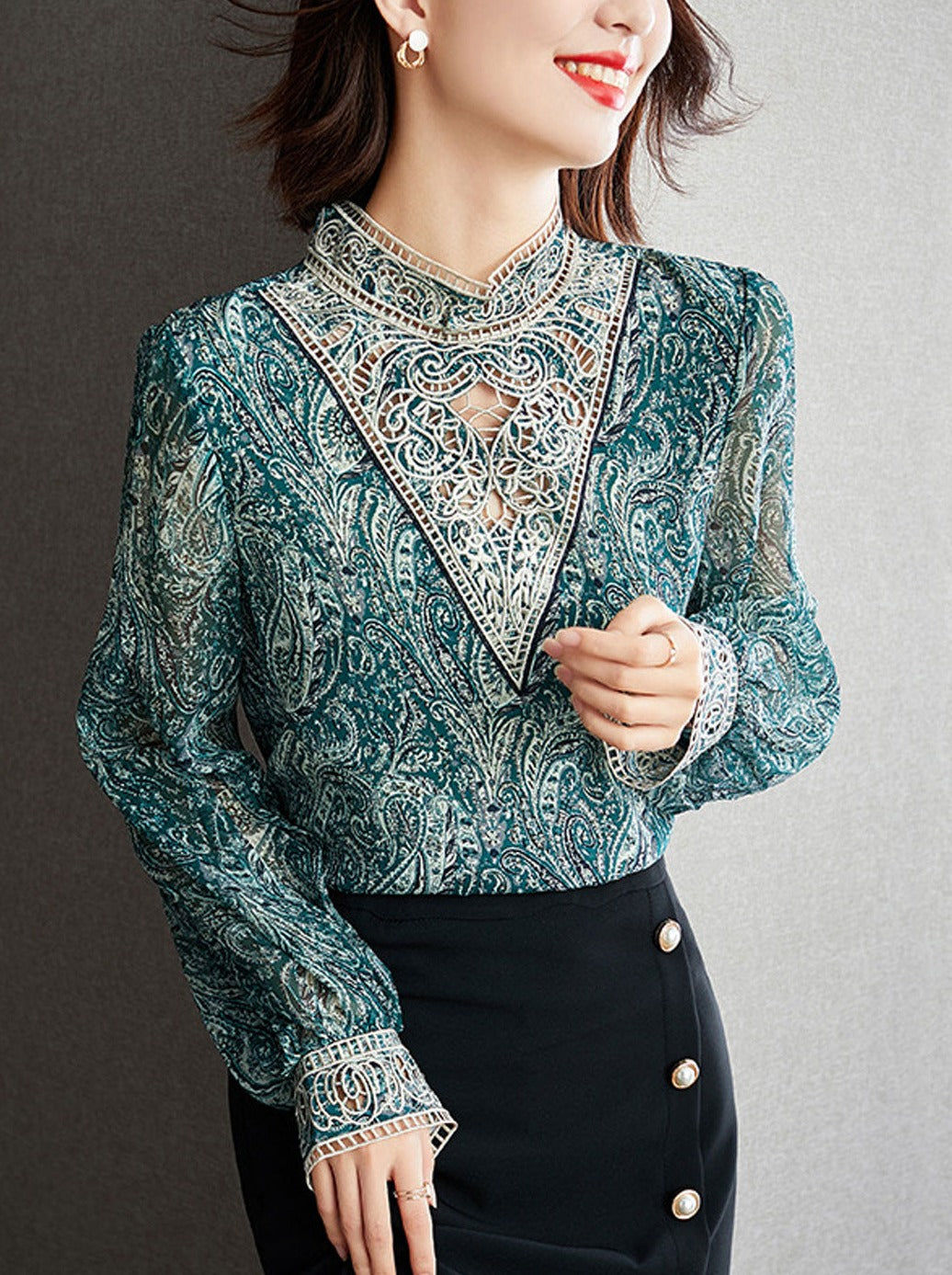 Kayla Retro Embroidered Balloon Sleeve Blouse