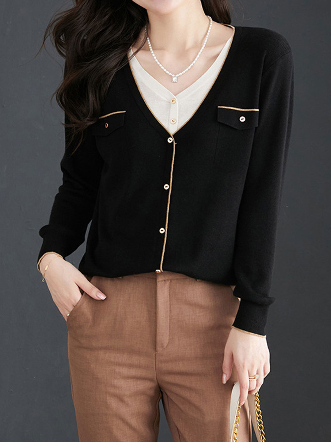 Olivia Loose V-Neck Mock Two-Piece Knitted Cardigan