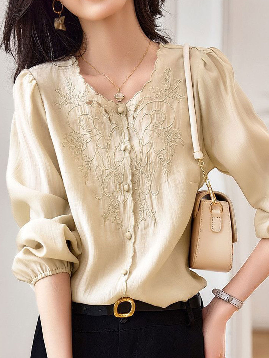 Jocelyn Elegant Embroidered Lantern Sleeve Shirt-Khaki