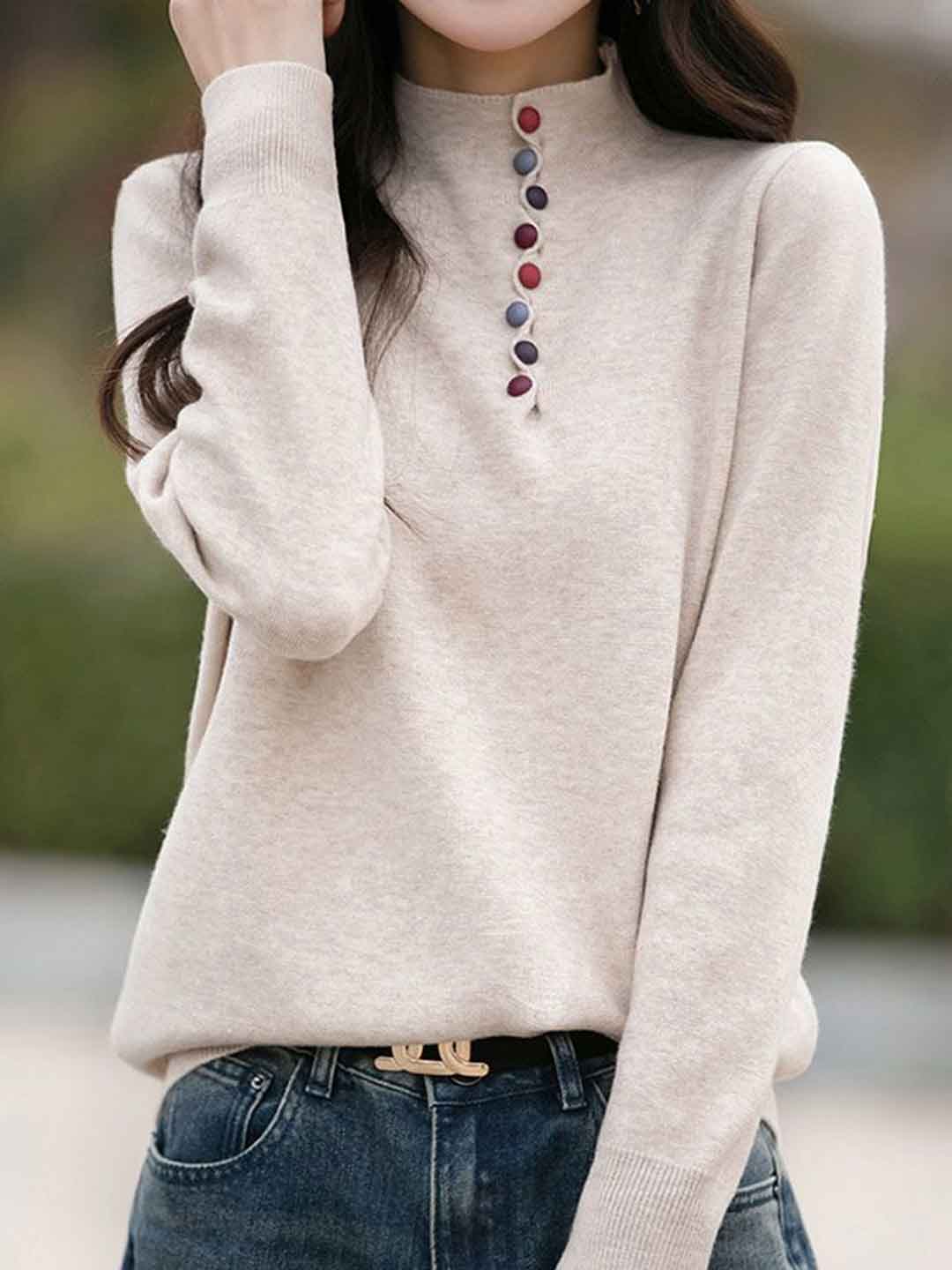 Gianna Loose Turtleneck Colorful Buttoned Knitted Top