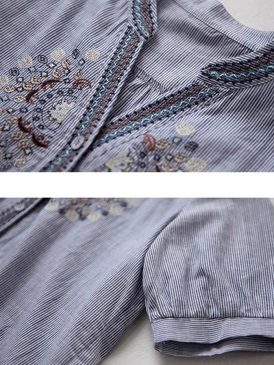 Kayla Loose V-Neck Embroidered Striped Shirt