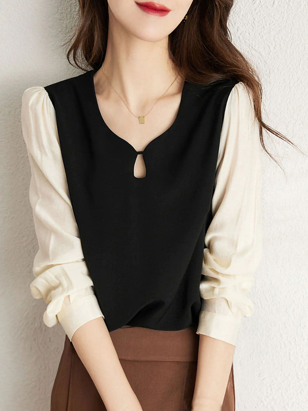 Grace Casual Contrast Chiffon Panel Top