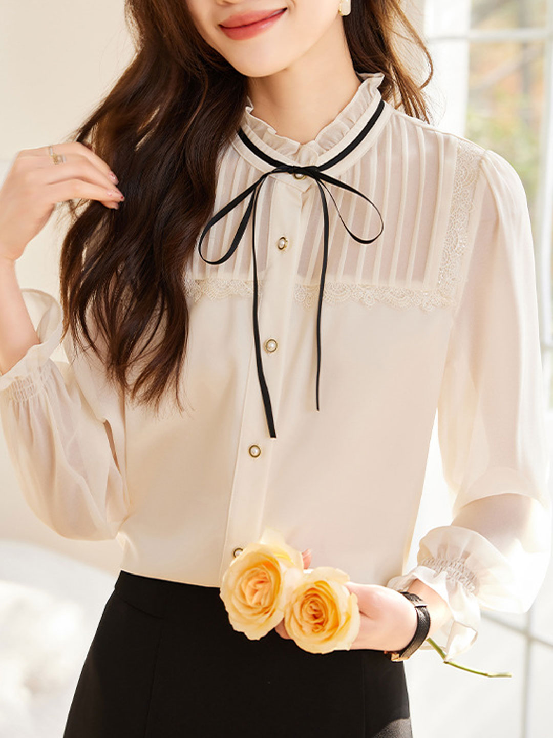 Chloe Vintage Ruffle Bow Collar Chiffon Blouse