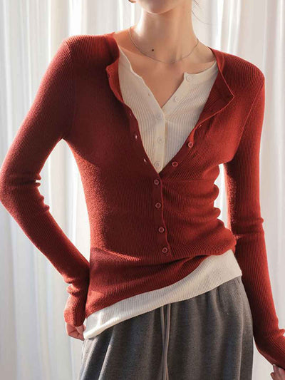 Kayla Slim V-Neck Mock Two-Piece Knitted Top