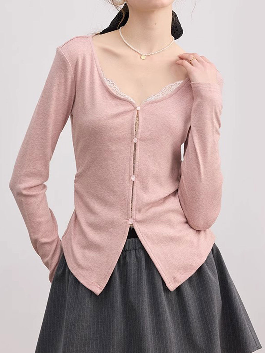 Chloe Slim V-Neck Solid Color Lace Top