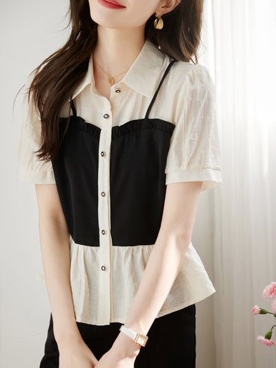 Hannah Retro Button Color-block Chiffon Top