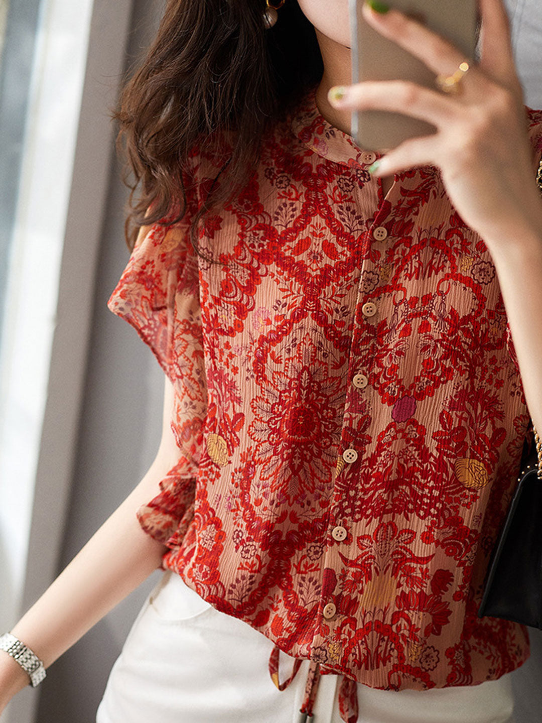 Brianna Loose Crew Neck Printed Chiffon Blouse