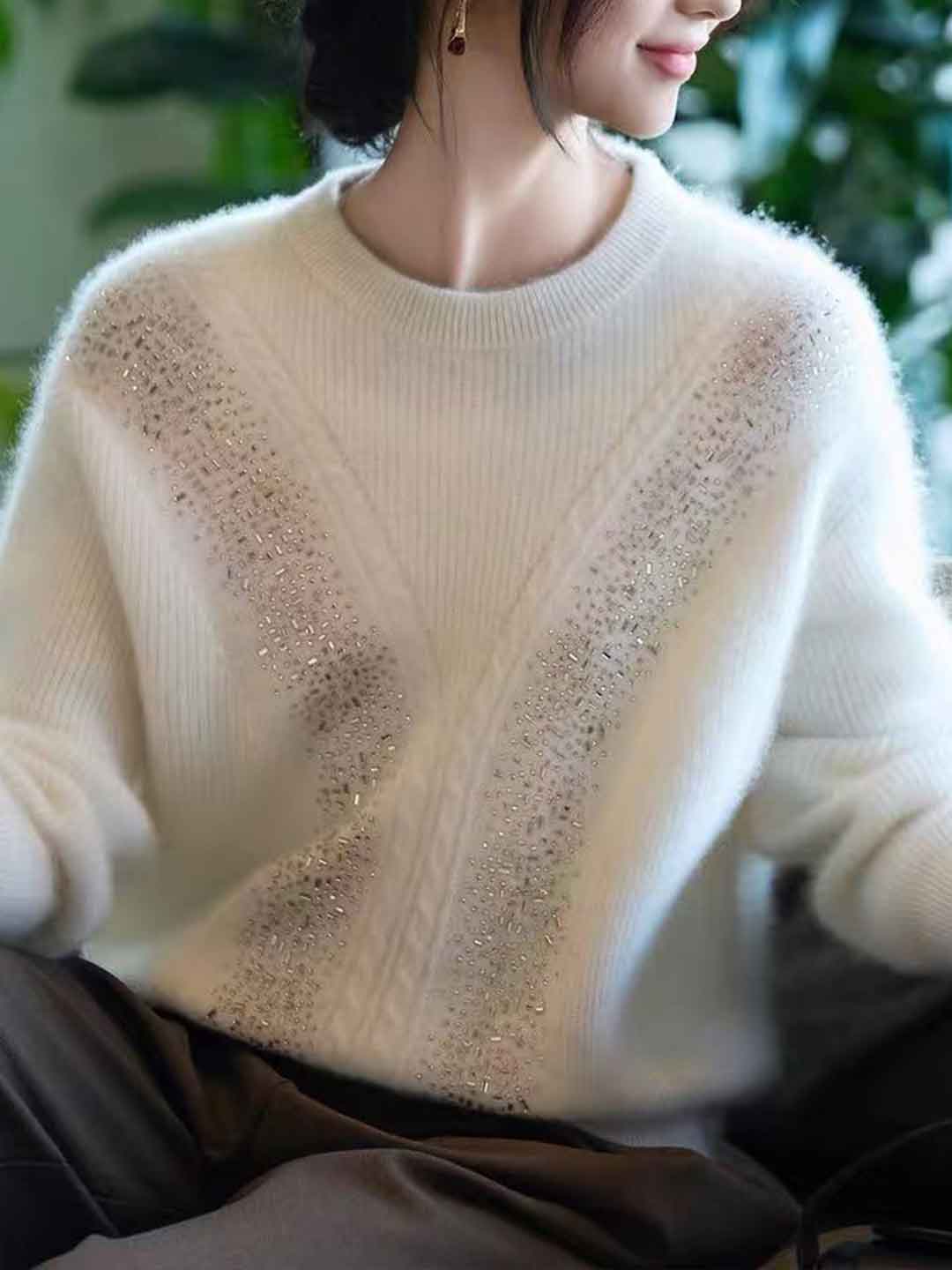 Sophie Loose Crew Neck Rhinestone Pullover Knitted Sweater