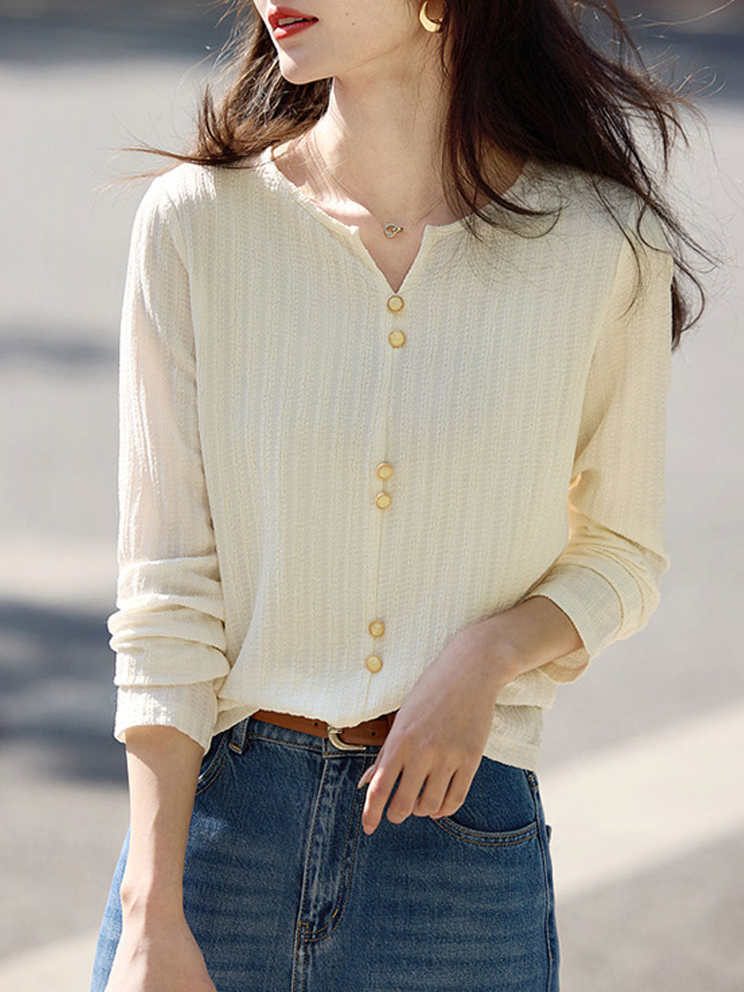 Mariah Elegant Crew Neck Textured Button Top