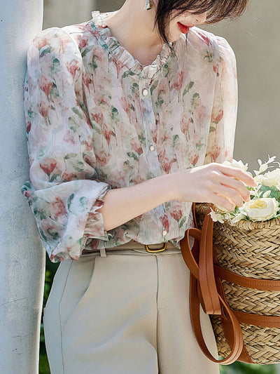 Zoe Classic Floral Ruffled Chiffon Shirt