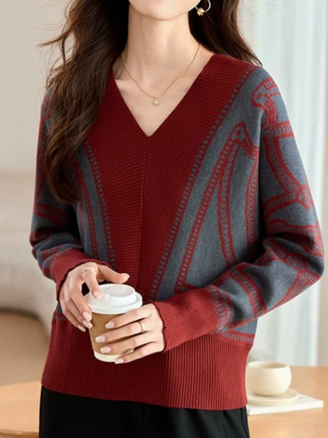 Kaitlyn Loose V-Neck Bat Sleeve Knitted Top