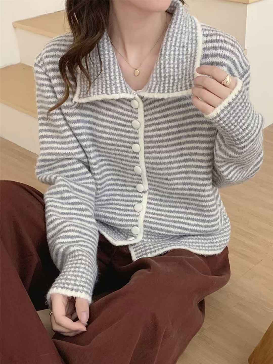 Ava Simple Lapel Striped Knitted Cardigan